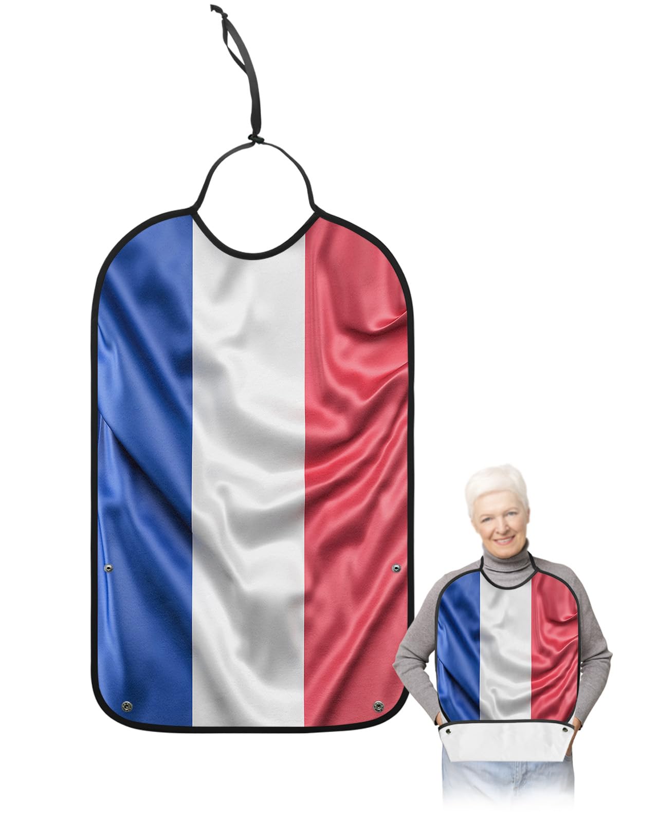 French National Day Adult Bibs for Eating, Waterproof Bibs with Food Catcher & Adjustable Snap Closure, Blue White Red Striped Flag Washable Clothing Protectors Adult Bibs for Elderly Women/Men