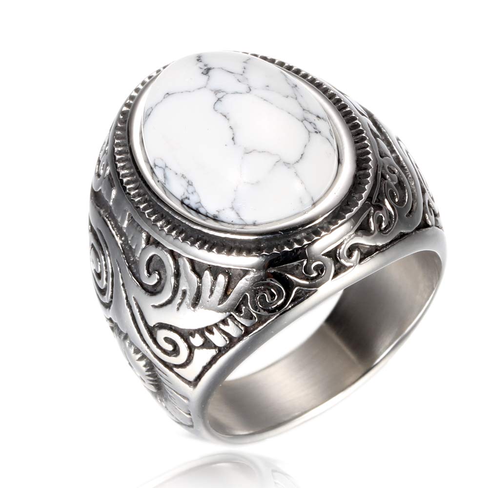 VQYSKO Anillo Hombre Acero Inoxidable Vintage de Piedra Turquesa Ojo de Tigre Turquesa Blanca/Negra Talla Grande