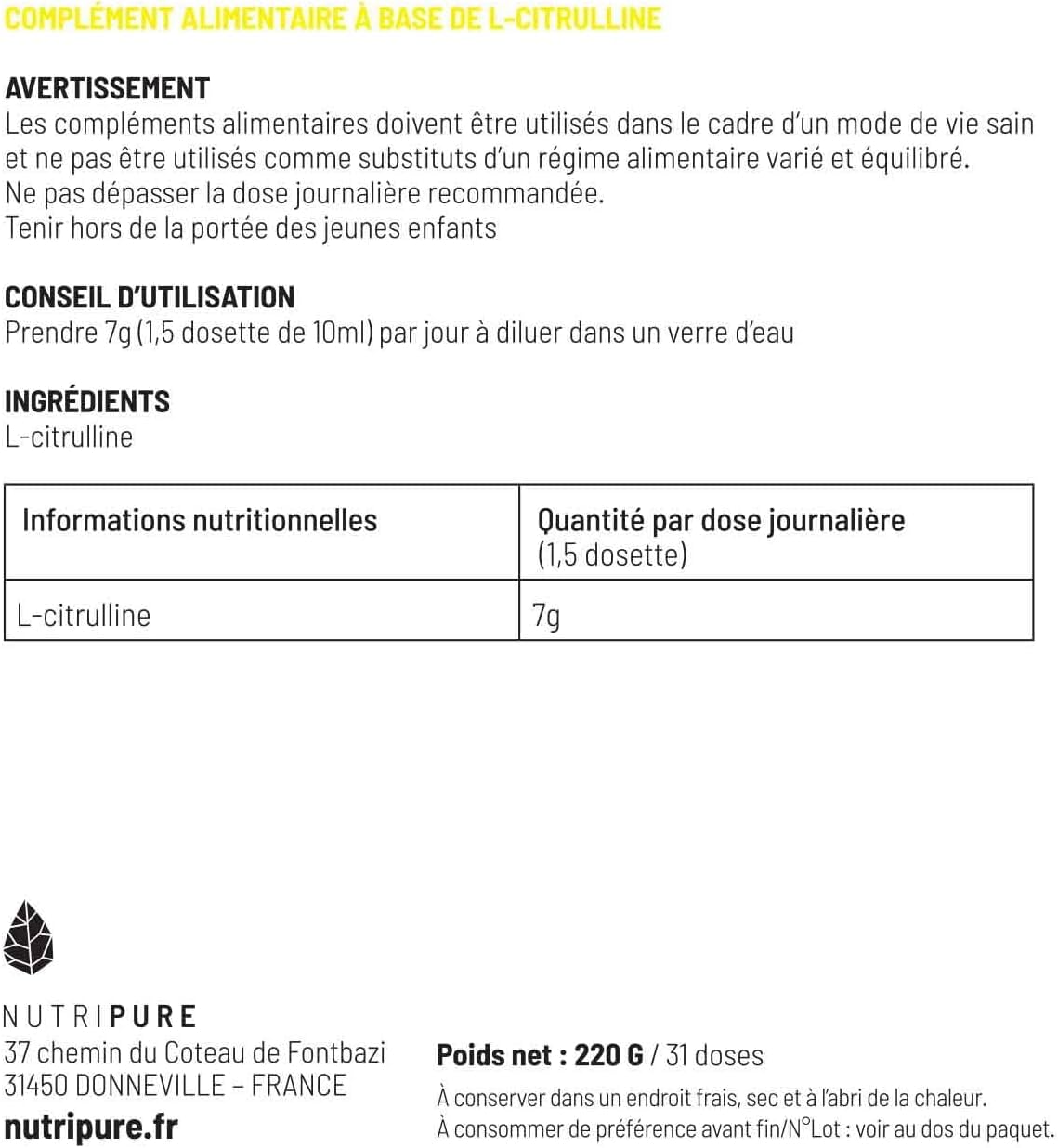 Nutripure | L-Citrulline BioKyowa® Végétale | Idéale pour la Congestion Musculaire pour l'Entraînement | Précurseur de l' Arginine | Sans Malate de Citrulline | 180 gélules(1 mois) | Made in France