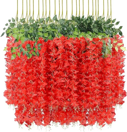 Image of SATYAM KRAFT 6 Pcs (43.2 inch) Artificial Wisteria Vine Garland | Long Silk Hanging Flowers String for Wedding Decoration Items, Mandap, Birthday Party, Festival Event & Home Decor (Red)