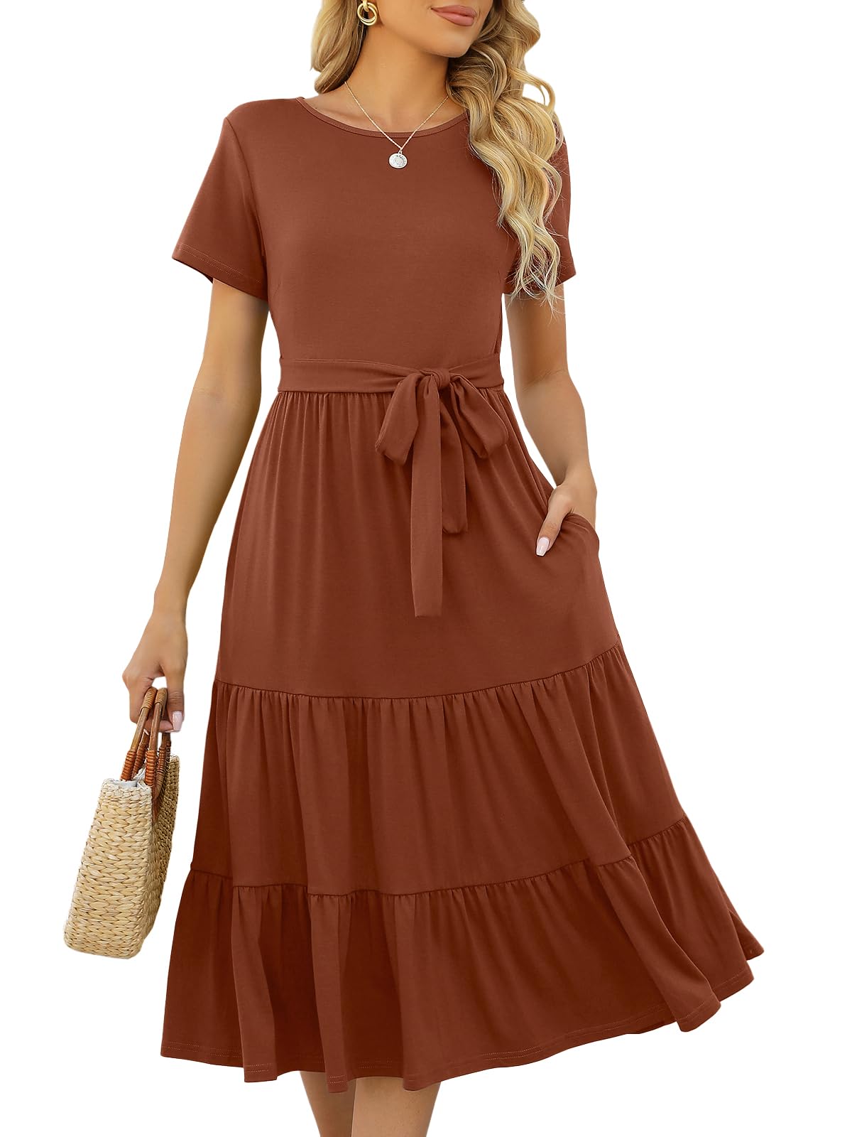Lyrur Women's Summer Casual Short Sleeve Modest Teacher Church Midi Dress | Crew Neck, Tie Waist, Side Pockets, Flowy A-Line Fit for School Work Outfits for Educators, Office, Classroom and Daily Wear