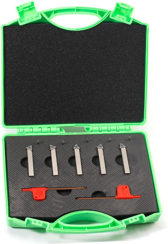 Mini Indexable Lathe Turning Tool-1/4" Shank Nickel Plated 5 Pieces Carbide Turning Tool Set,Metal Lathe Cutting Tools with Carbide Inserts TCMT090204 (TCMT731)