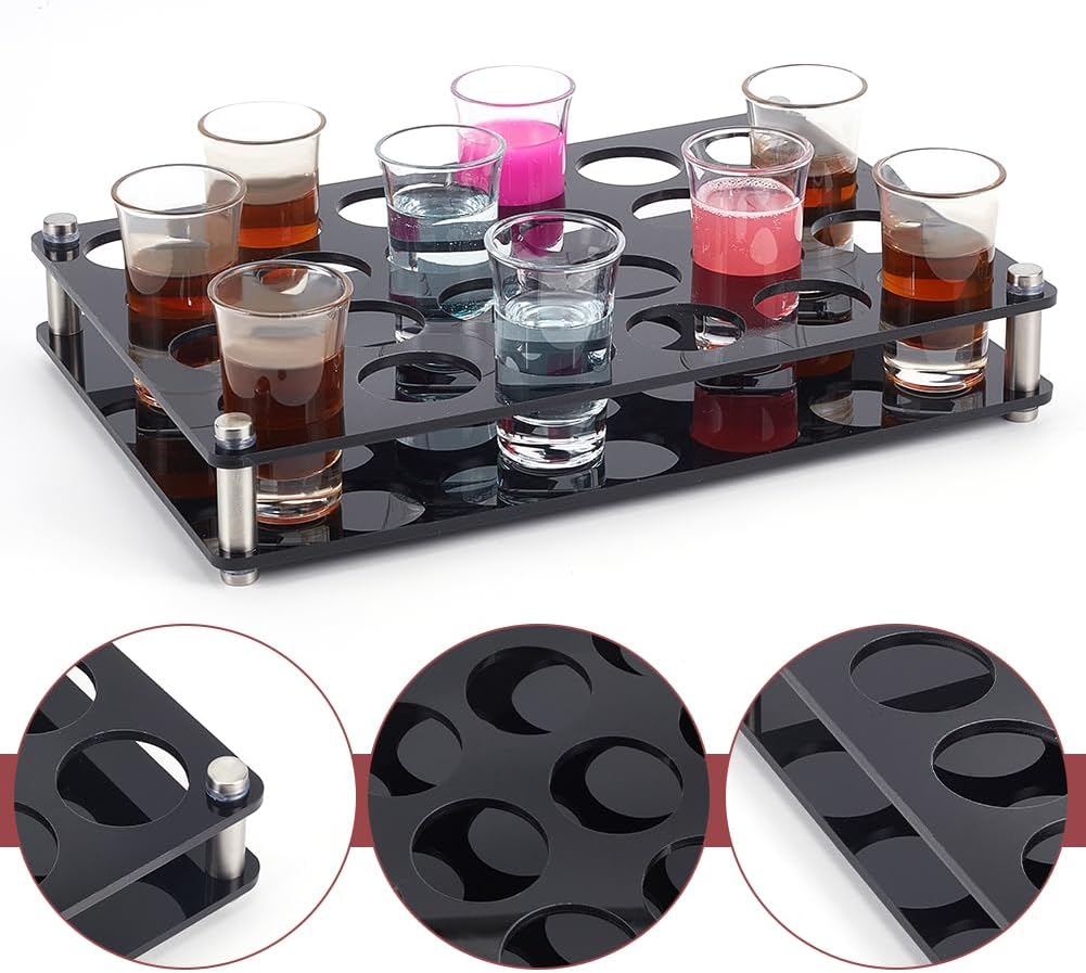 NBEADS 24 Shot Glass Tray Holder, Black Bar Acrylic Shot Glasses Holders Wine Glass Cup Serving Tray Cups Organizer Shot Glass Display for Party Bar Club, Hole: 1.5 Inch