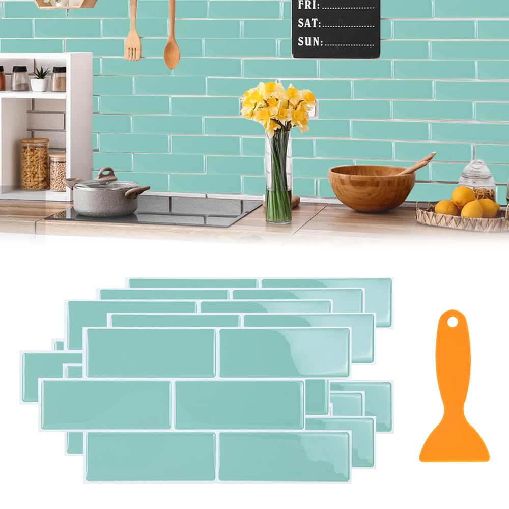 YBCCBY10 Pcs Green 3D Vinyl Wall Tile Sticker, Peel and Stick Subway Tiles Backsplash, Brick Self Adhesive Wall Tiles, Waterproof Vinyl Stick on Tiles Backsplash for Kitchen Bathroom (30.5X15.4cm)