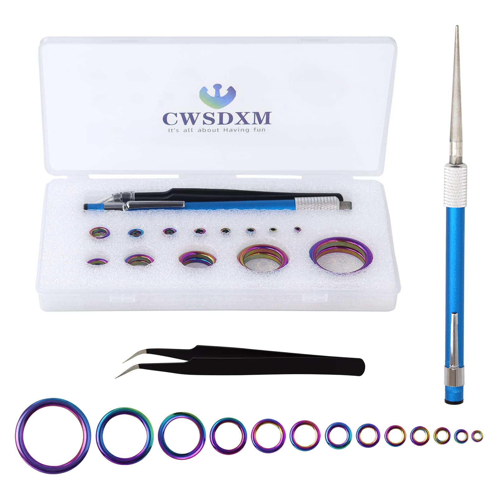 CWSDXM Fish Rod Repair Kit 26PCS Fishing Pole Eyelet Repair 13 Size Pole Ceramic Guides Rings Replacement Kit with 1pcs Tweezers and 1pcs Serrated
