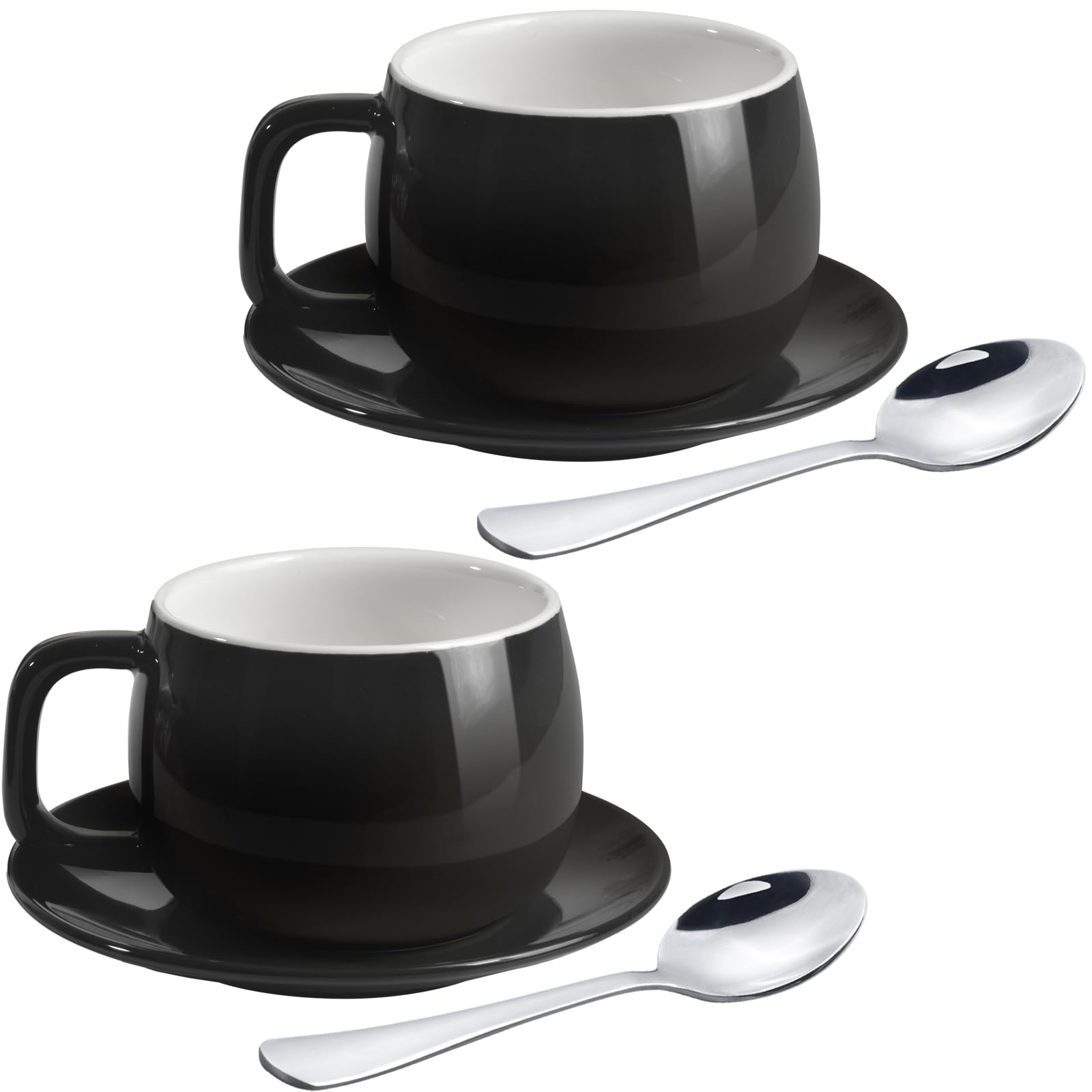 ionEgg Porcelain Coffee Cup with Saucers and Spoons 270ml/9oz for Latte, Cappuccino and Tea, Black, Set of 2