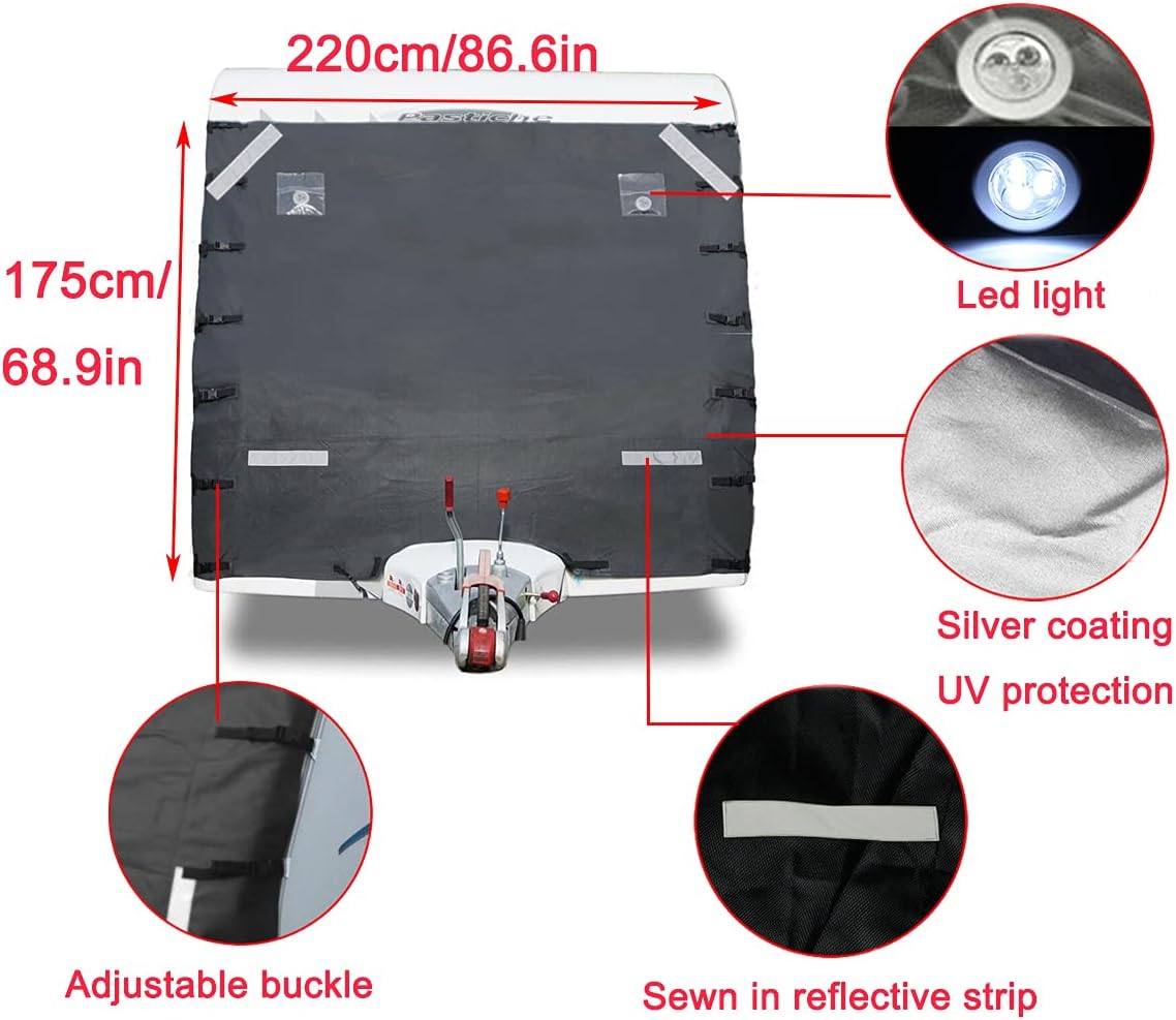 Waterproof RV Towing Cover – 86.6x68.9in Motorhome Protector with Reflective Strips & Adjustable Buckles (Front Cover of Caravan) (Black)