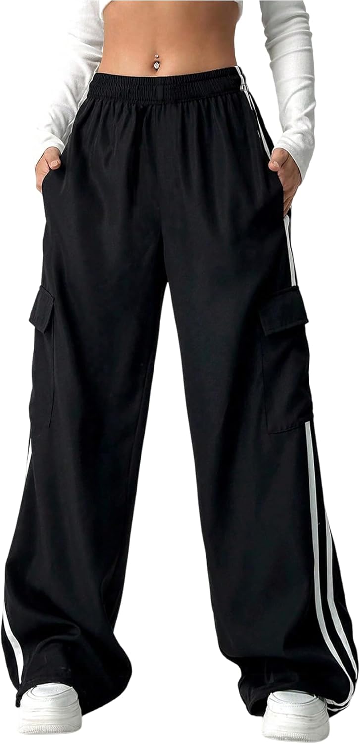 Girl's Side Striped Cargo Pants Y2K Elastic Waist Wide Leg Baggy Track Pants
