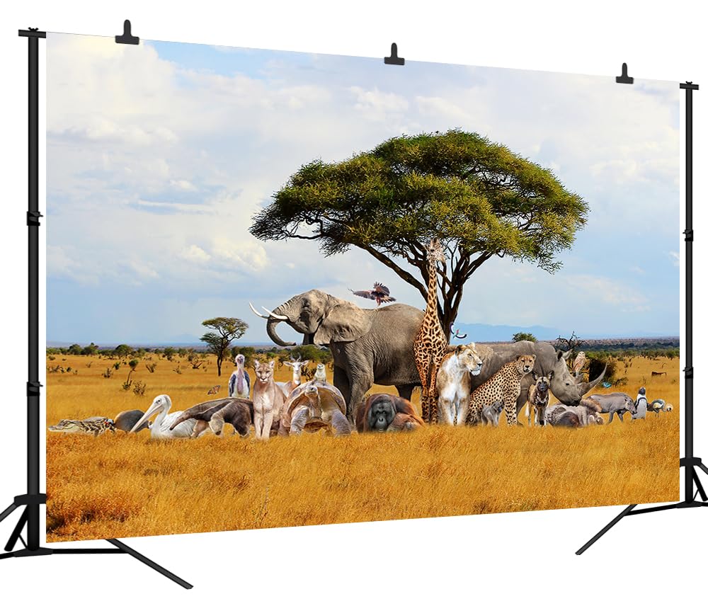 CORFOTO 10x8ft Fabric African Safari Backdrop Lion, Elephant, Giraffe Wild Animals Cucoloris Tropical African Forest Jungle Safari Scenic Background