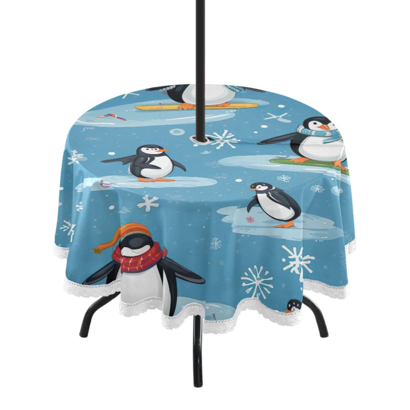 Wajiw 60 Inch Indoor Outdoor Round Tablecloth with Umbrella Hole and Zipper Waterproof Patio Table Cover for Camping Dining Room Party Outdoor Picnic,Penguins