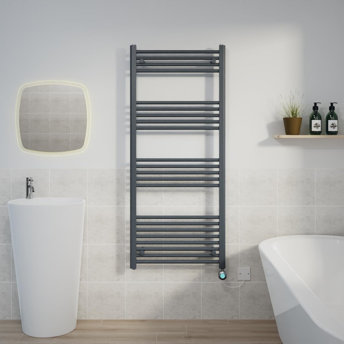 Warmehaus Prefilled 1400x600mm Straight Electric Heated Towel Rail with Timer Thermostatic Bathroom Radiator Anthracite - 800W(Chrome Heating Element)