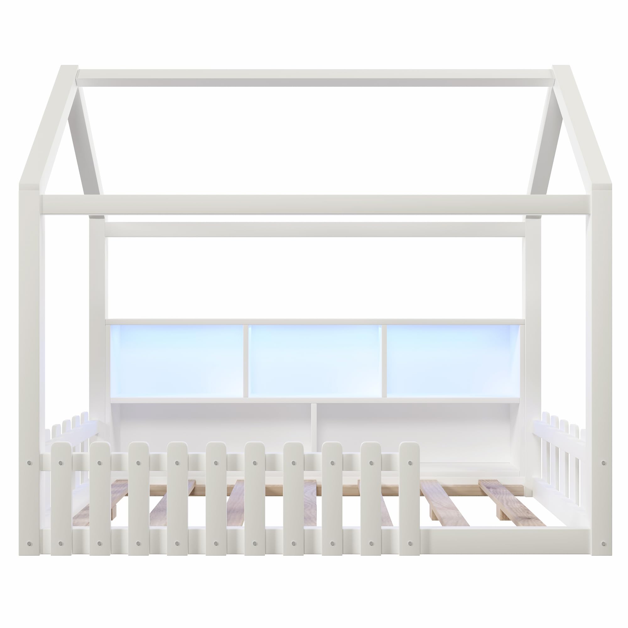 Lit cabane Enfants 90x190 cm avec LED,lit Enfant avec Barriere,lit Enfant cabane lit au Sol Enfant,Compartiments de Rangement Ouverts, Design Maison,Bande de Maison,Bois de pin,Blanc