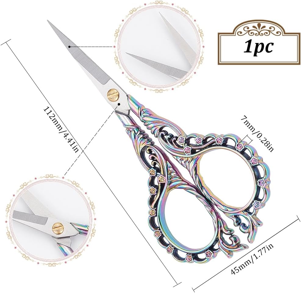 4.5 Inch Stainless Steel Embroidery Scissors Detail Shears Sewing Scissors Vintage Flower Sharp Tip Trimming Scissors for Cutting Fabric Craft Knitting Threading Needlework Artwork Diy Tools