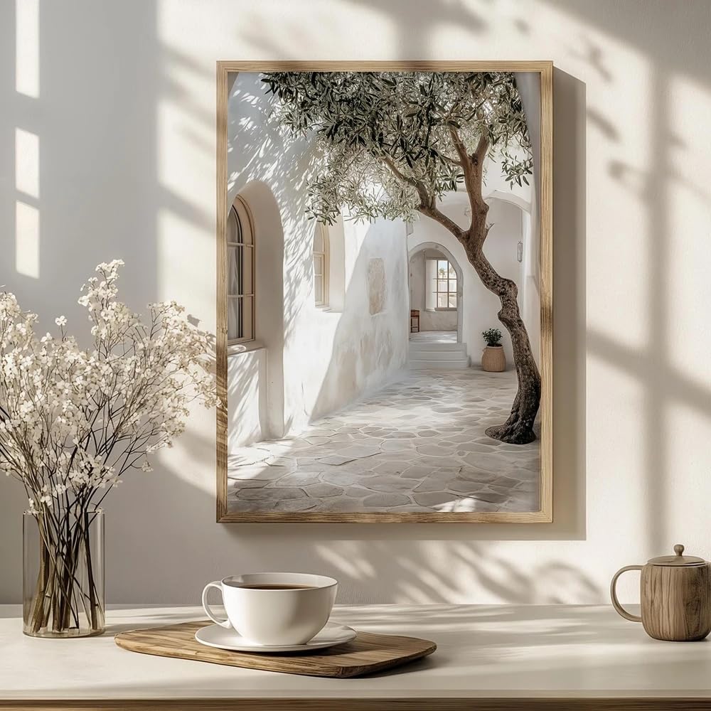 GOSRD Modern Prints Olive Tree Mediterranean Courtyard, Greek Island Wall Art Posters Mosern Home Living Room Decoration(70x100cm)