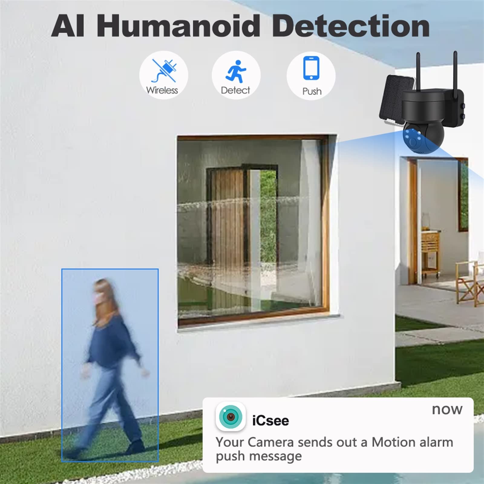 Telecamera Wifi Esterno, Telecamera di sicurezza Telecamera di sorveglianza wireless con batteria ricaricabile Pannello solare PIR Rilevamento umano PTZ Vista a 360° ,Sicurezza, Antifurto(2.5K Black)