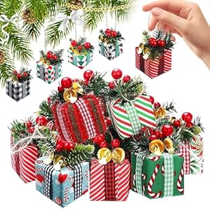 15 Pcs Christmas Tree Mini Gift Boxes Christmas Tree Hanging Decorations with Bells Christmas Indoor and Outdoor Ornaments Festive Decoration