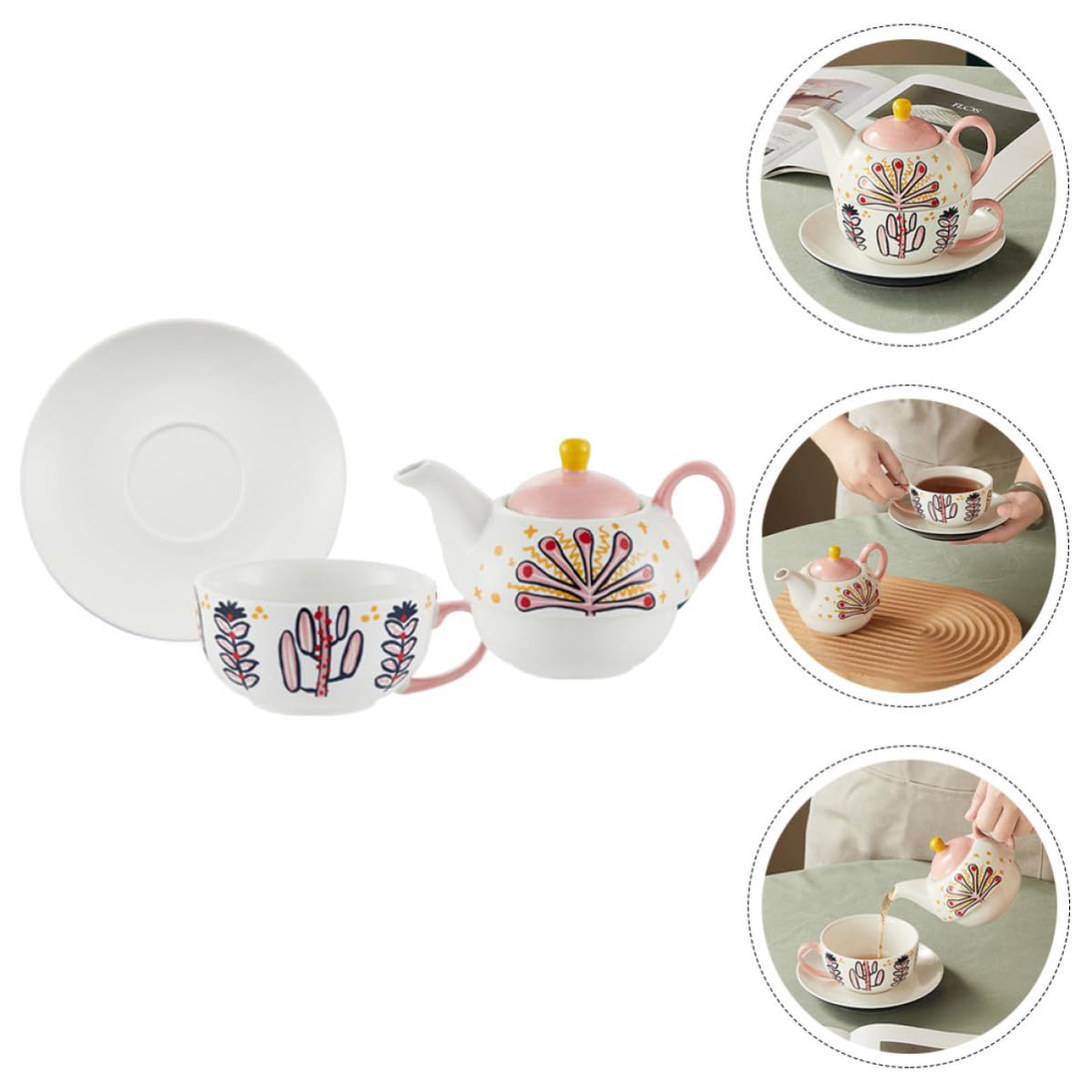 Juego de Tetera de Cerámica Rosa Reutilizable Taza y Bandeja