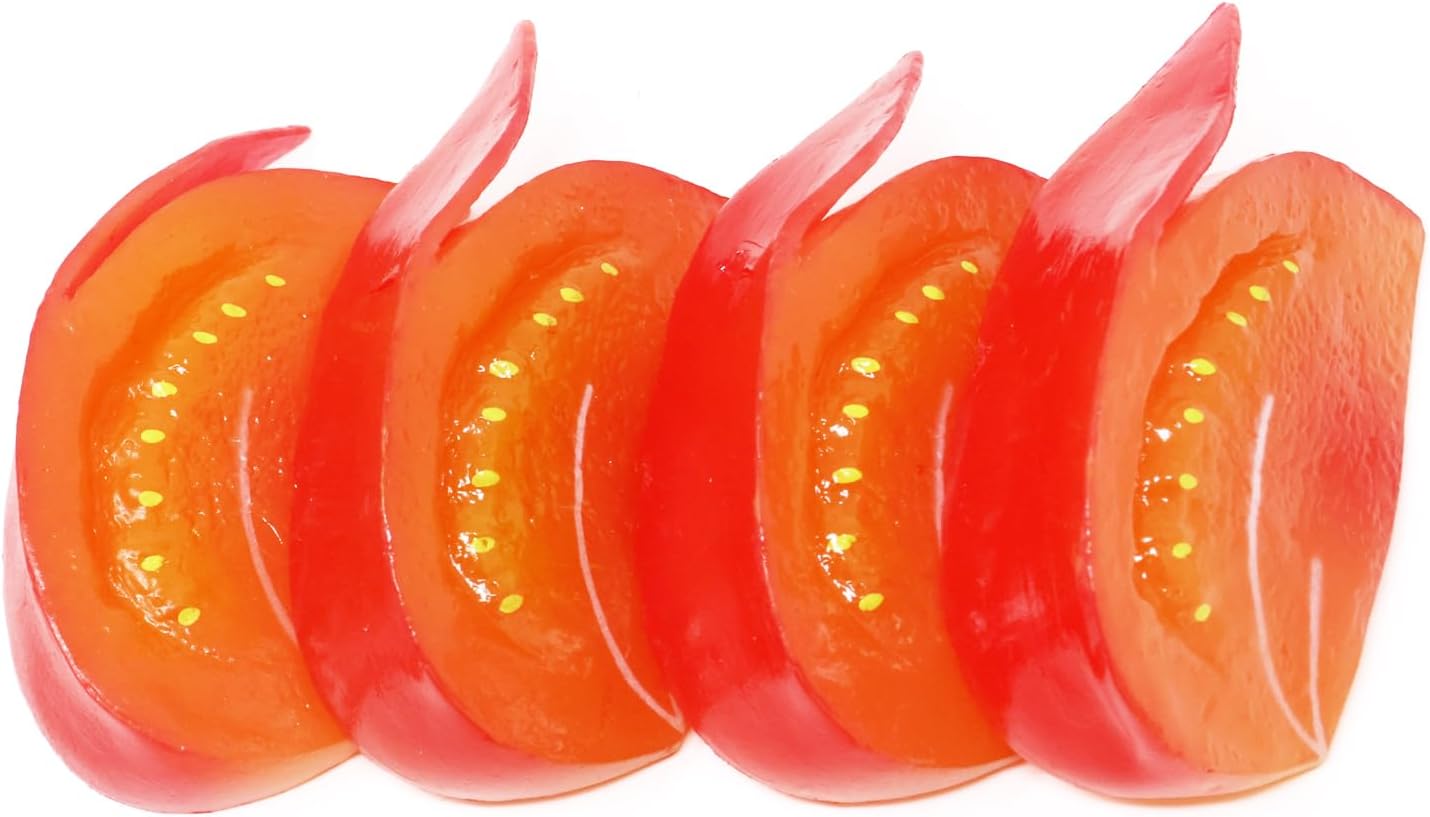 Honbay 4PCS Lifelike Simulation Tomato Block Artificial Tomato Slice Decorations Realistic Fake Vegetable Food Models Ornaments for Home Party Tabletop Decorations Sample Display Photography Props