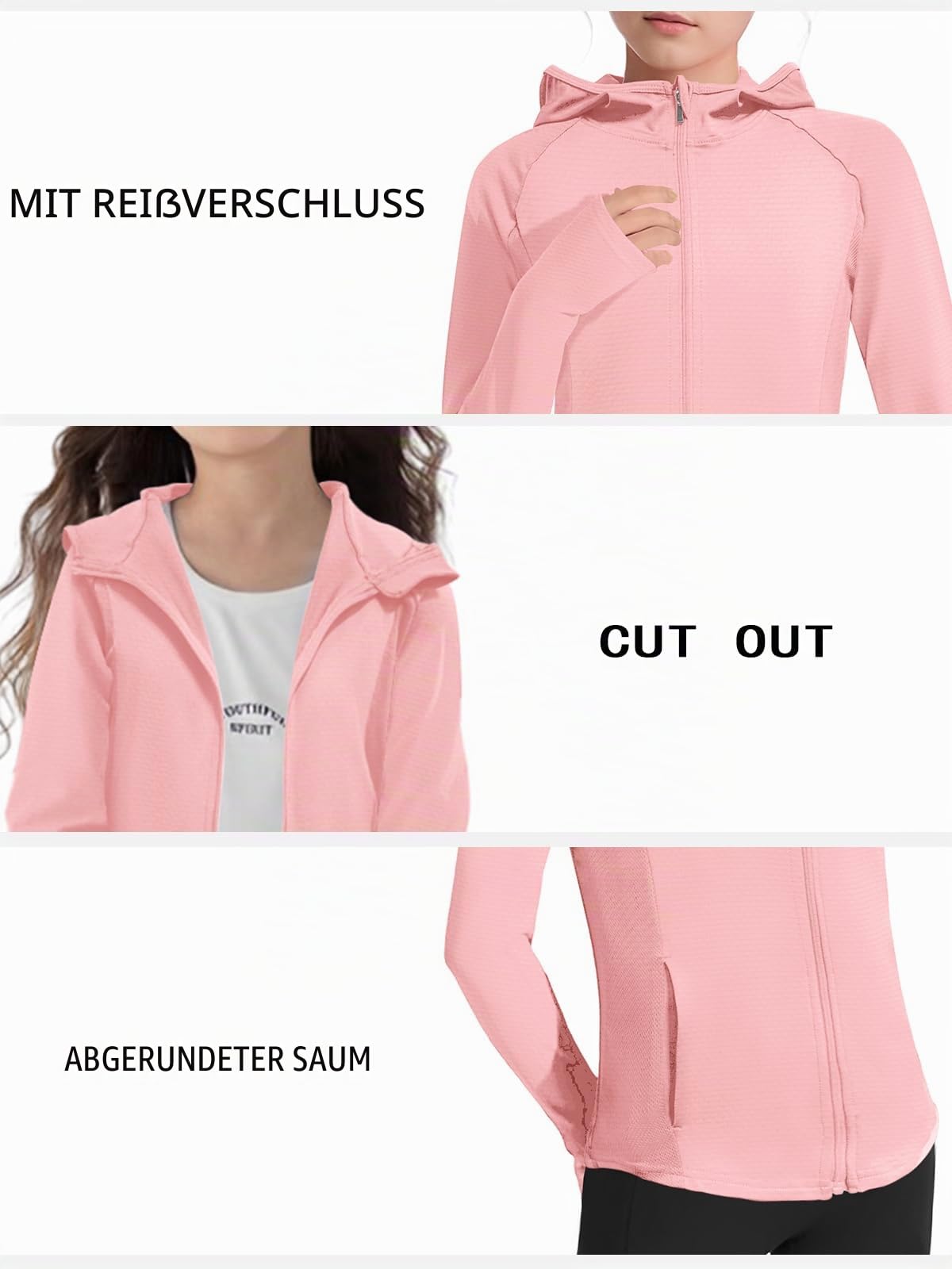 Leichte Jacke für Mädchen, langärmelig, Reißverschluss, athletischer Kapuzenpullover, LSF 50+, Angeln, Wandern, Sonnenschutz
