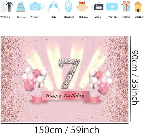 Miniatura 2 de Decoraciones de feliz cumpleaños 7 para niñas, pancarta de fondo, decoración de fiesta, póster de tela de aniversario, fondo de foto rosa,