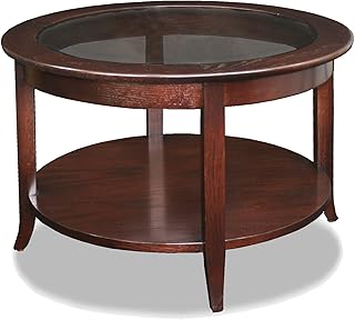 Leick Home Sheldon Coffee Table, Solid Wood, Round, with Glass Top and Shelf, Chocolate Oak, 10037