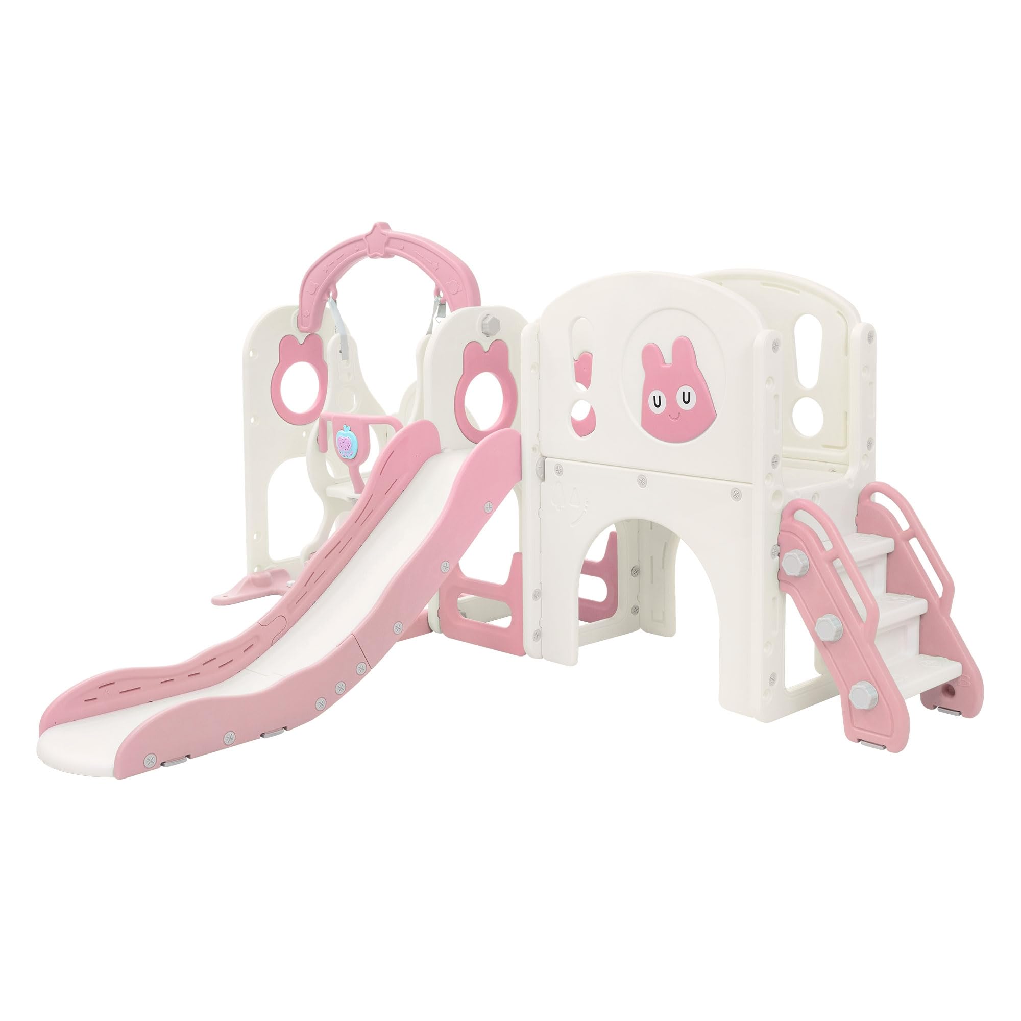 Joyz Scivolo con Tunnel per Bambini 6 in 1, Parco Giochi Interno/Esterno con Altalena, Scala da Arrampicata, Canestro da Basket e Telescopio, Set da Gioco con Scivolo Rosa/Bianco, da 3 Anni