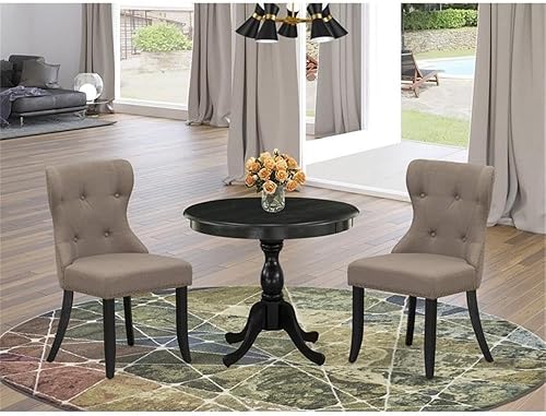 Miniatura 2 de East West Furniture El juego moderno antiguo de 3 piezas contiene una mesa de cocina redonda con pedestal y 2 sillas de comedor Parsons de tela de