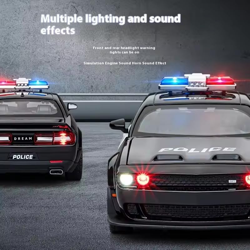 Image of Scale 1:24 Dodge Challenger SRT Police - Black Alloy Diecast Pullback Metal Car Toy with Sound Light & Opening Doors - Best Gift Toy for Kids