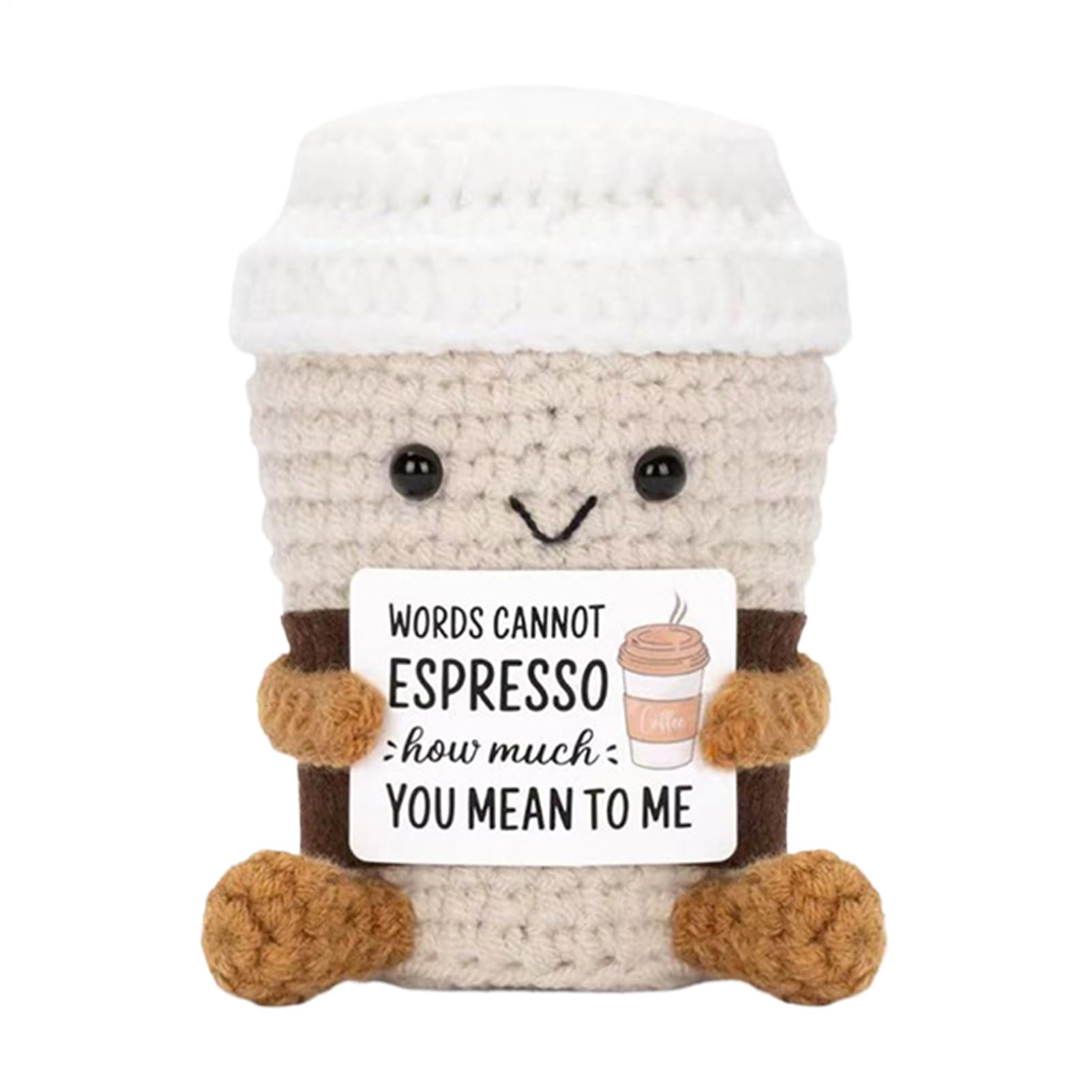 Crochet Coffee, Positive Crochet Cups with Card, Handmade Table Decoration, Small Attention, Funny for Coffee Lovers (8.5 x 5.5 x 5 cm)