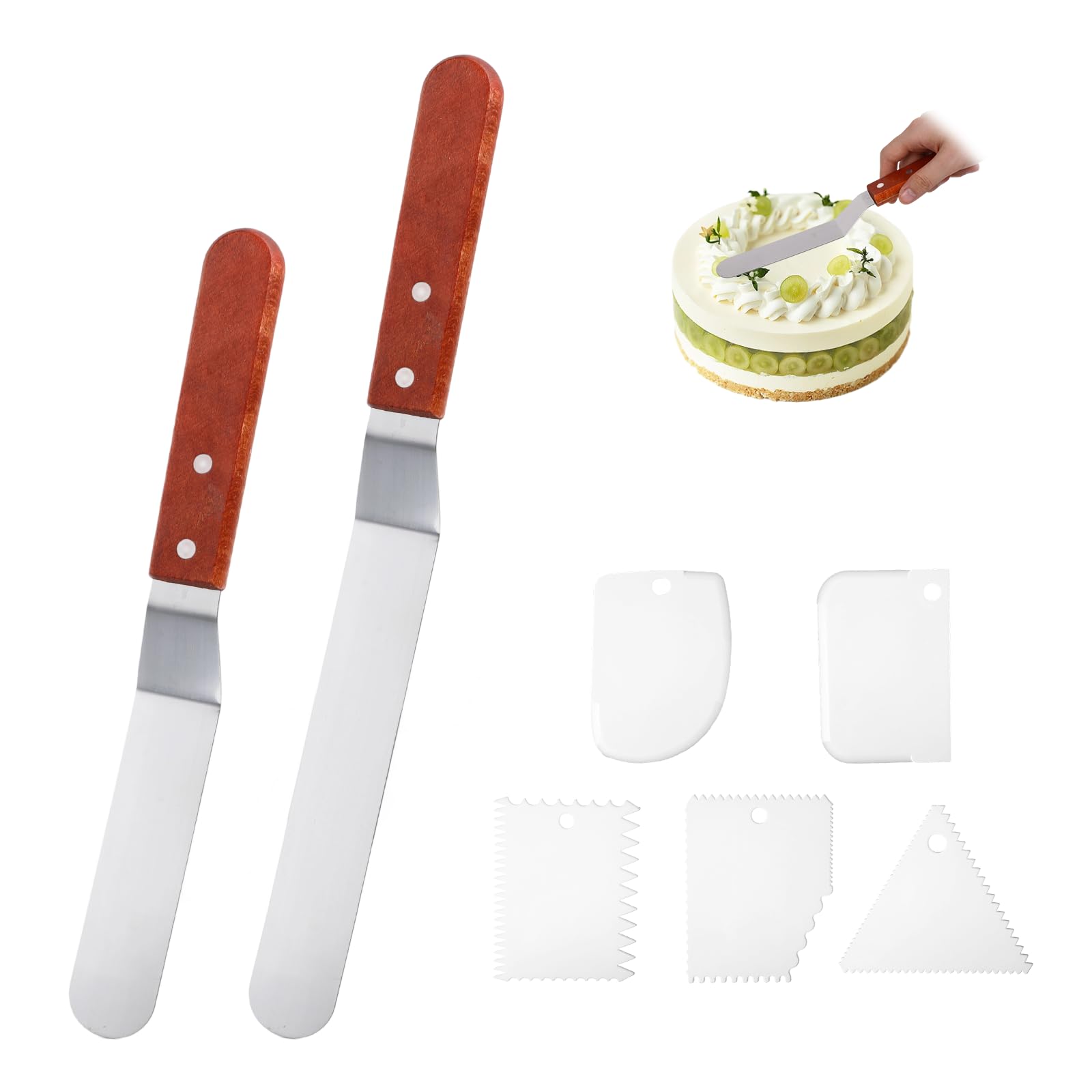 2 Stück Tortenmesser Winkelpalette Edelstahl Set, Tortenspachtel mit Holzgriff Und 5 Teigschaber, 6 inch/8 inch (15.24 cm/20.32 cm) für Kuchen Dekorieren, Backen und Glattstreichen​（Braun）