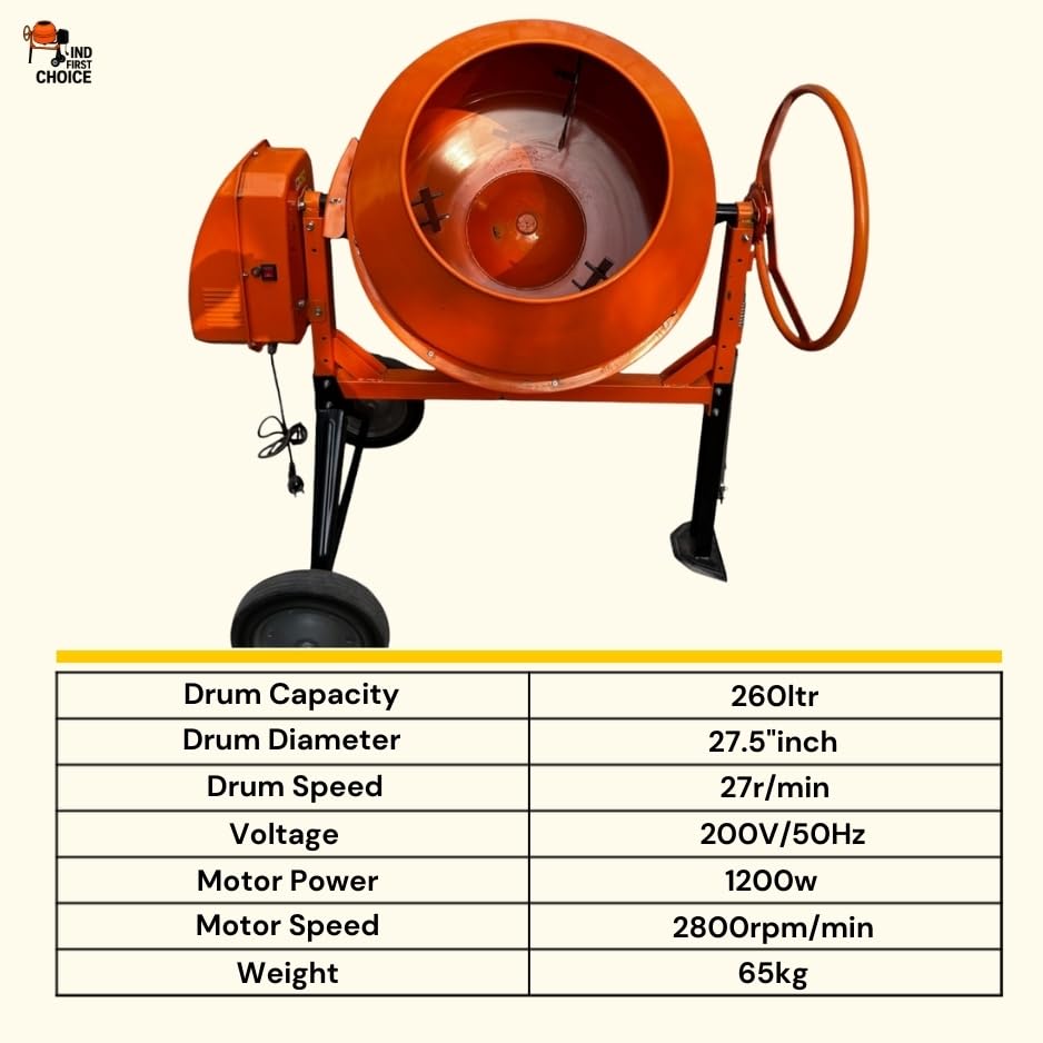 Image of IND 260 Ltr Concrete Mixer Machine | Heavy Duty Mild Steel Body | Portable Concrete Mixer | Single Phase 1200 Watt Pure Copper Motor | Construction & Building Use