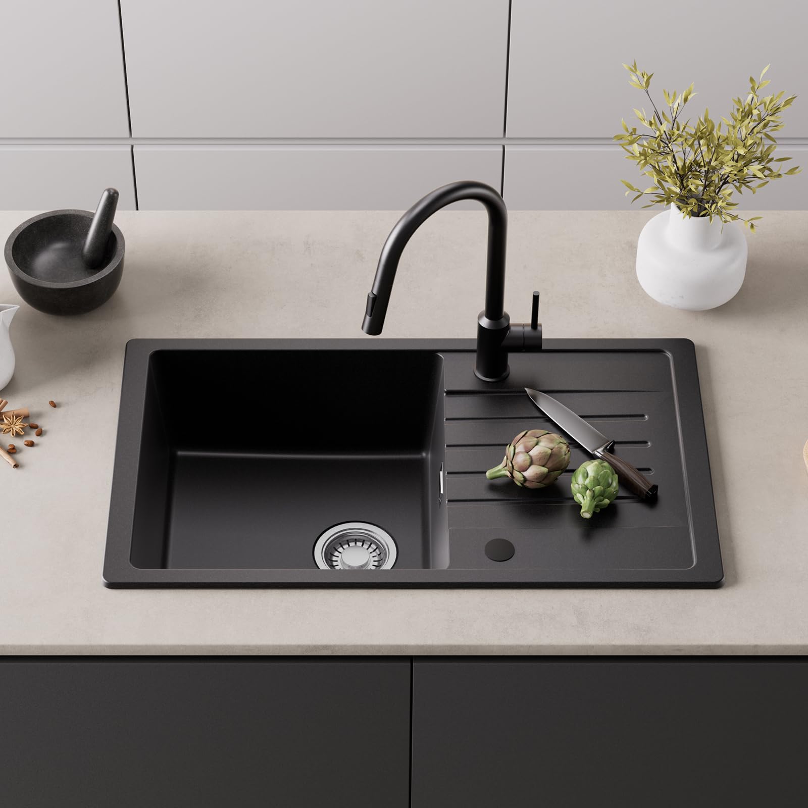 CECIPA 78 x 45 cm Lavello Cucina con Arco Rubinetto Estraibile, Lavello Nero con Gocciolatoio in Granito, Lavandino Cucina Nero per Mobile di lunghezza 60cm con Troppopieno e Sifone
