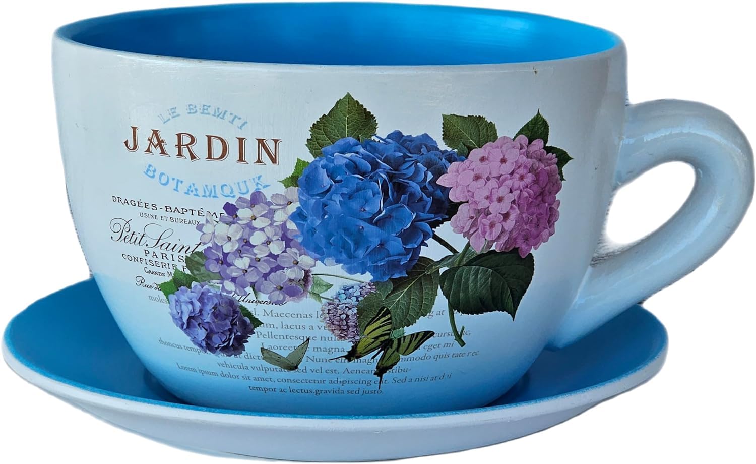 hadaaya 9” Ceramic Teacup Planter Succulent Pot with Drainage Hole & Saucer for Succulent Orchid Herbs Cactus Indoor Plants. Hand Painted Blue-Hydrangea Jardin Decal