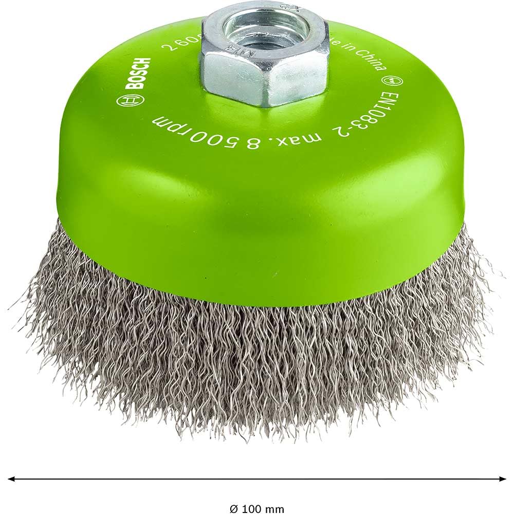 Bosch 1x Spazzola a tazza PRO Stainless Steel clean a filo ondulato grandi, filetto M14 (per Metalli non ferrosi, Acciaio, Ø 100 mm, Professional Accessorio Smerigliatrice angolare grande)