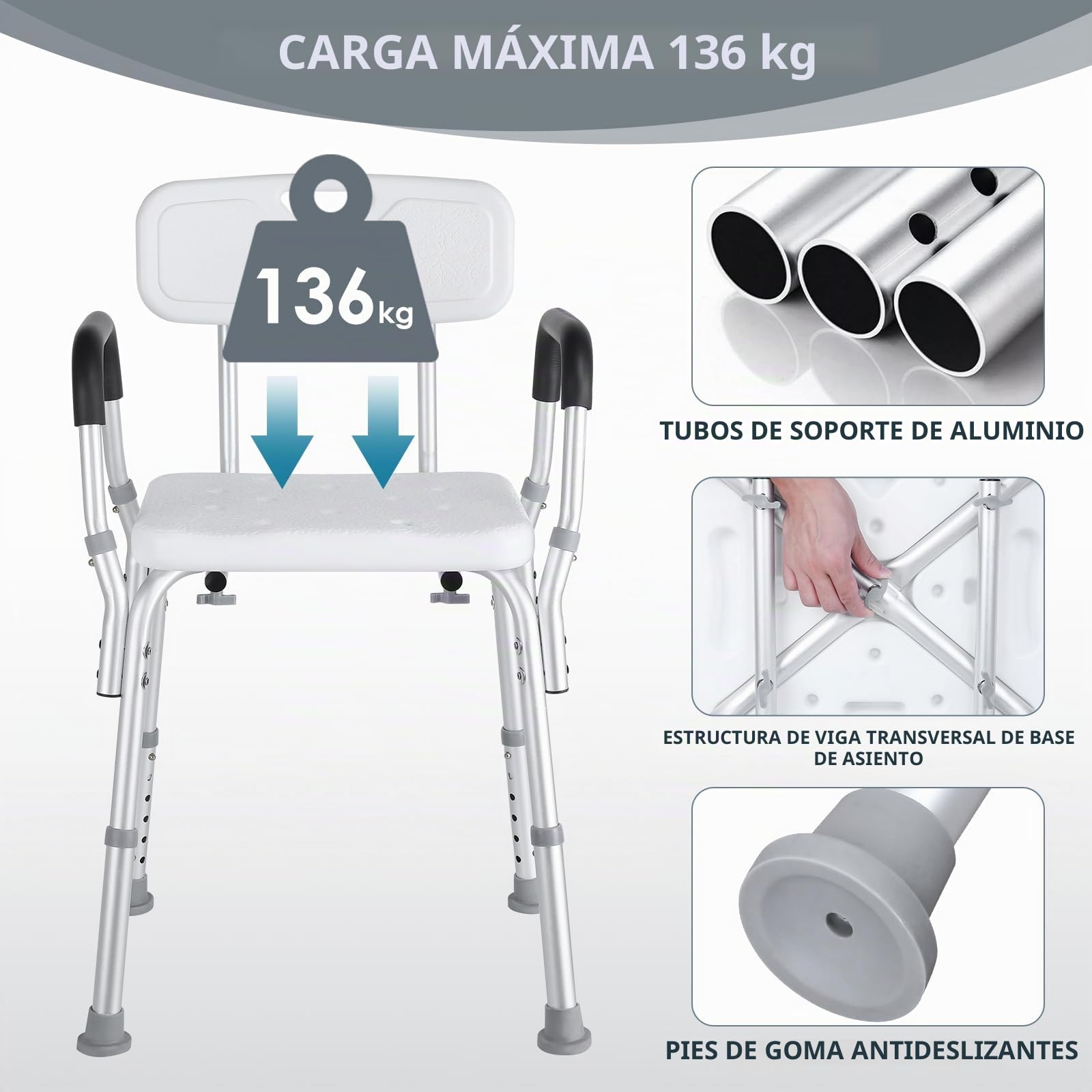 LIFERUN Silla de ducha ajustable, asiento de ducha con respaldo y brazos acolchados, pies antideslizantes, carga máxima de 136 kg, taburete de baño portátil para ancianos, discapacitados y embarazadas