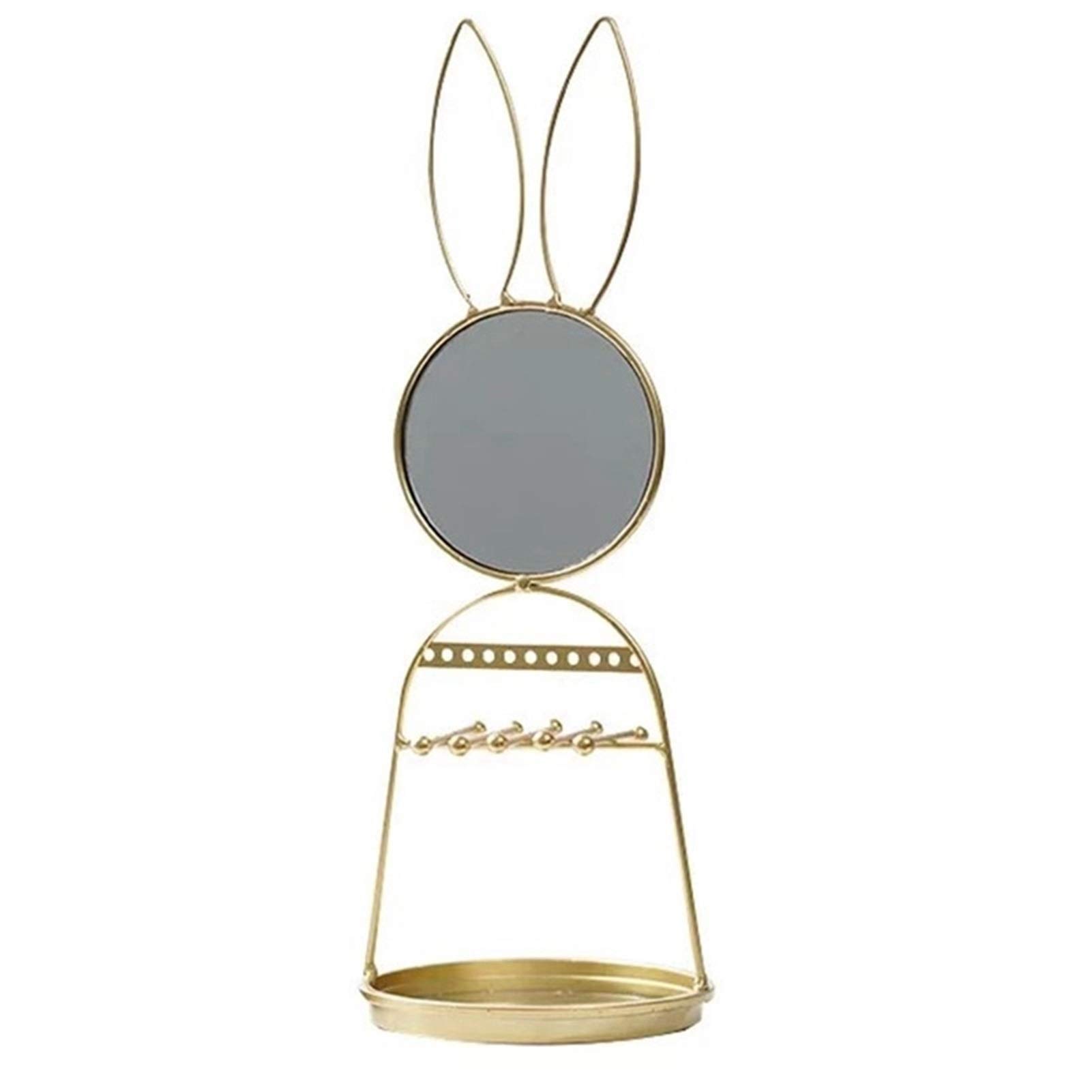 HDBCYUAZ Cute Rabbit Jewelry Stand Organizer Necklace Display with Round Mirror for Necklaces Bracelet Earrings and Ring, Gold