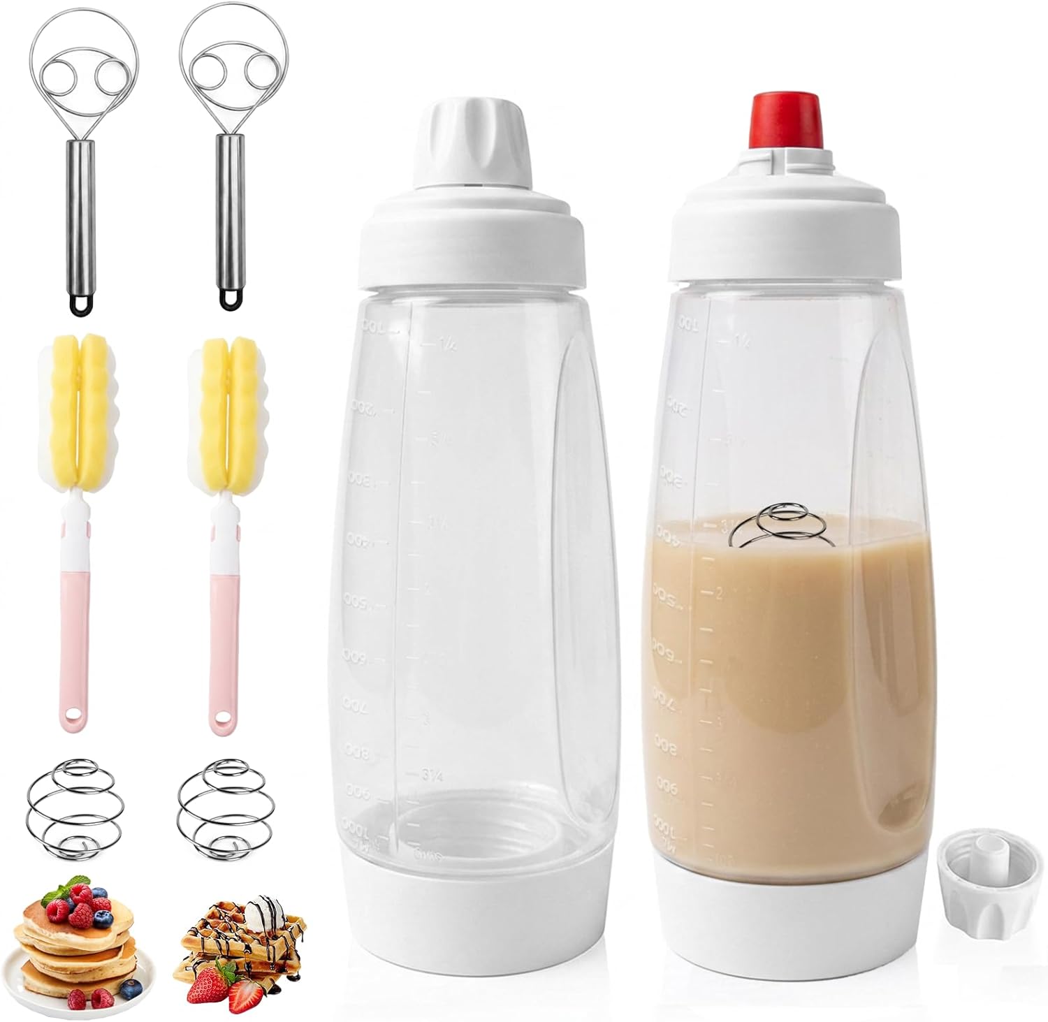 Pancake Batter Dispenser Bottle, 2 Pack 1000ml Pancake Squeeze Bottle, Equipped with 304 Stainless Steel Whisk Balls, Egg Whisks & Cleaning Brushes for Pancakes, Crepes, Waffles, Cupcakes