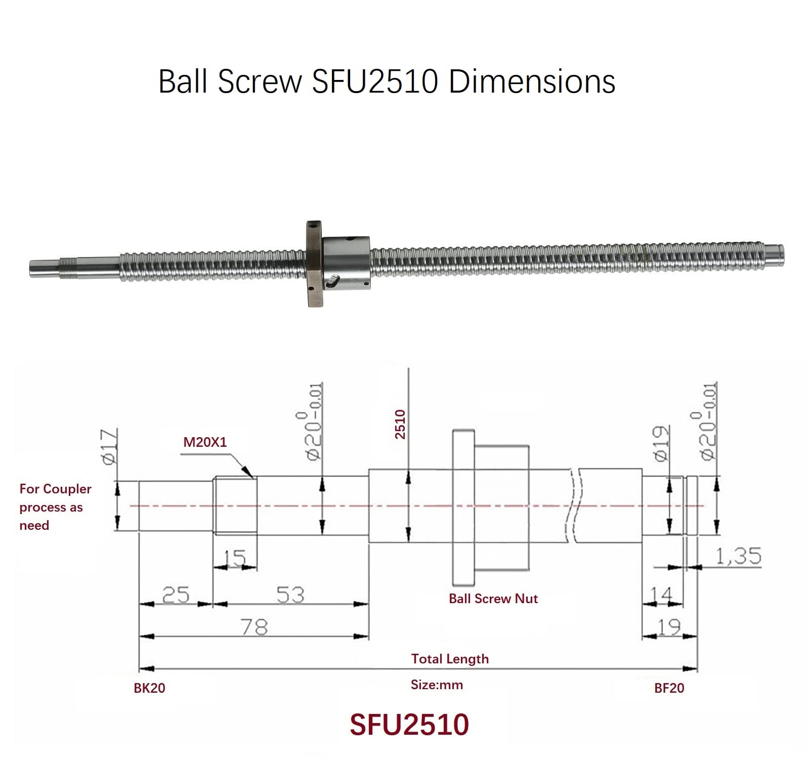 2510 Linear Motion CNC Ball Screw with Anti Backlash Nut, Coavoo SFU2510 2000mm / 78.74 inch 25mm Ballscrew + BK20 BF20 Bearing End Support + Coupler + DSG Nut Housing