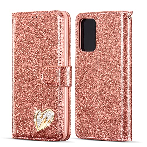 QLTYPRI Samsung Galaxy A53 5G Case Wallet Case Bling Shiny Glitter Flip Folio Case Full-Body Protective Cover Card Slots Magnetic Closure Kickstand Wrist Strap for Women Girls - Rose Gold