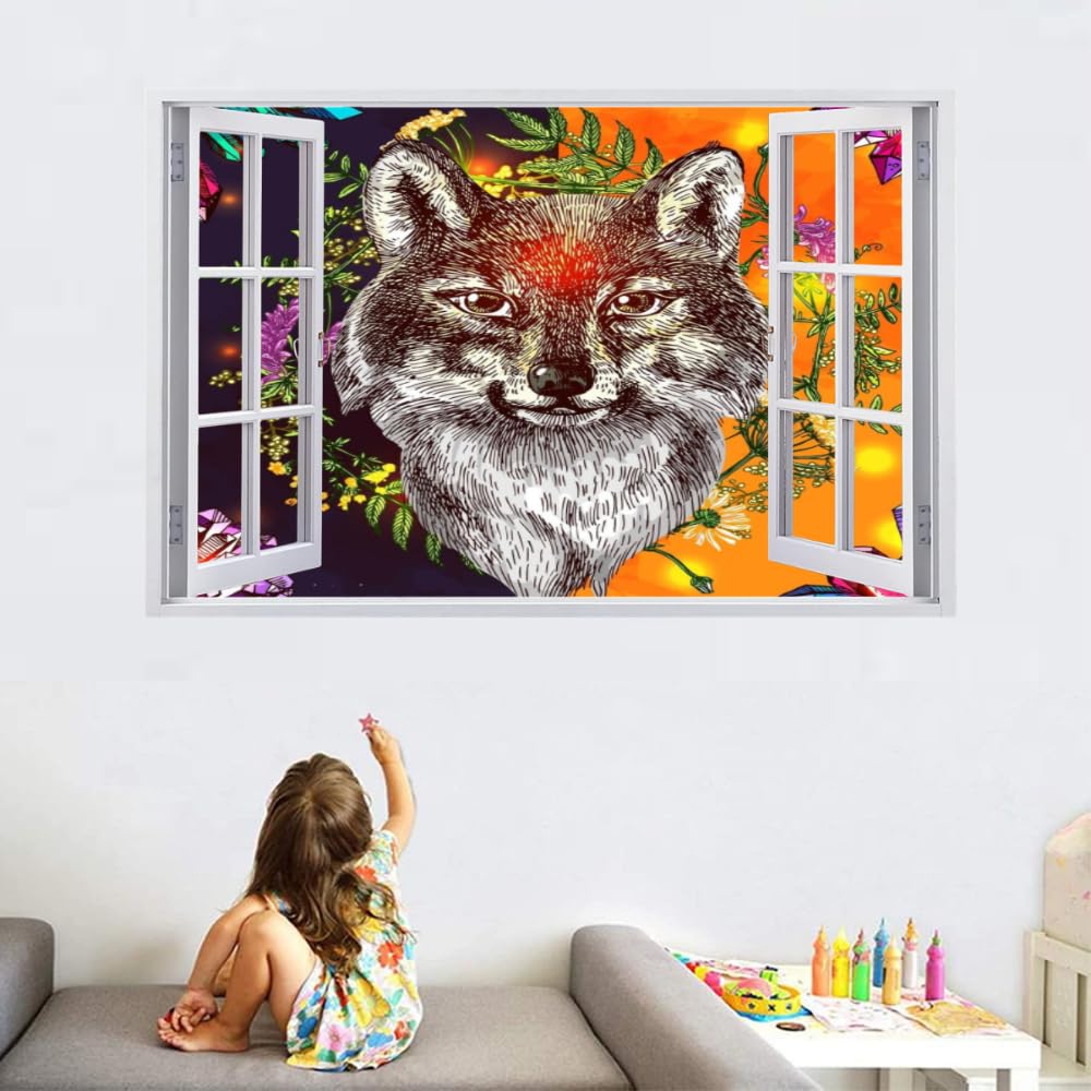 Vinilos Decorativos 3D Rotos Lobo Tatuaje De Pared Vinilo Extraíble Decoración Del Hogar Flor Calcomanías Para Bebé Guardería Niña Niño Habitación Decoración De Pared 120x80cm