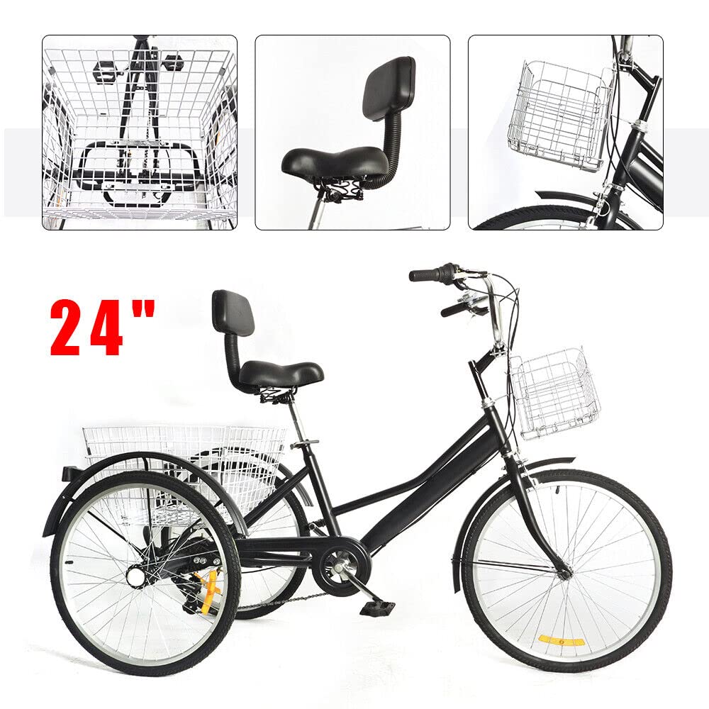 Dreirad für Erwachsene, 24 Zoll Erwachsene Dreirad 7 Gang Dreirädriges Cruiser-Fahrrad für Erholung Mit Vorderer Rahmen und Rückenlehne für Erholung, Einkaufen, Picknicks (Schwarz)