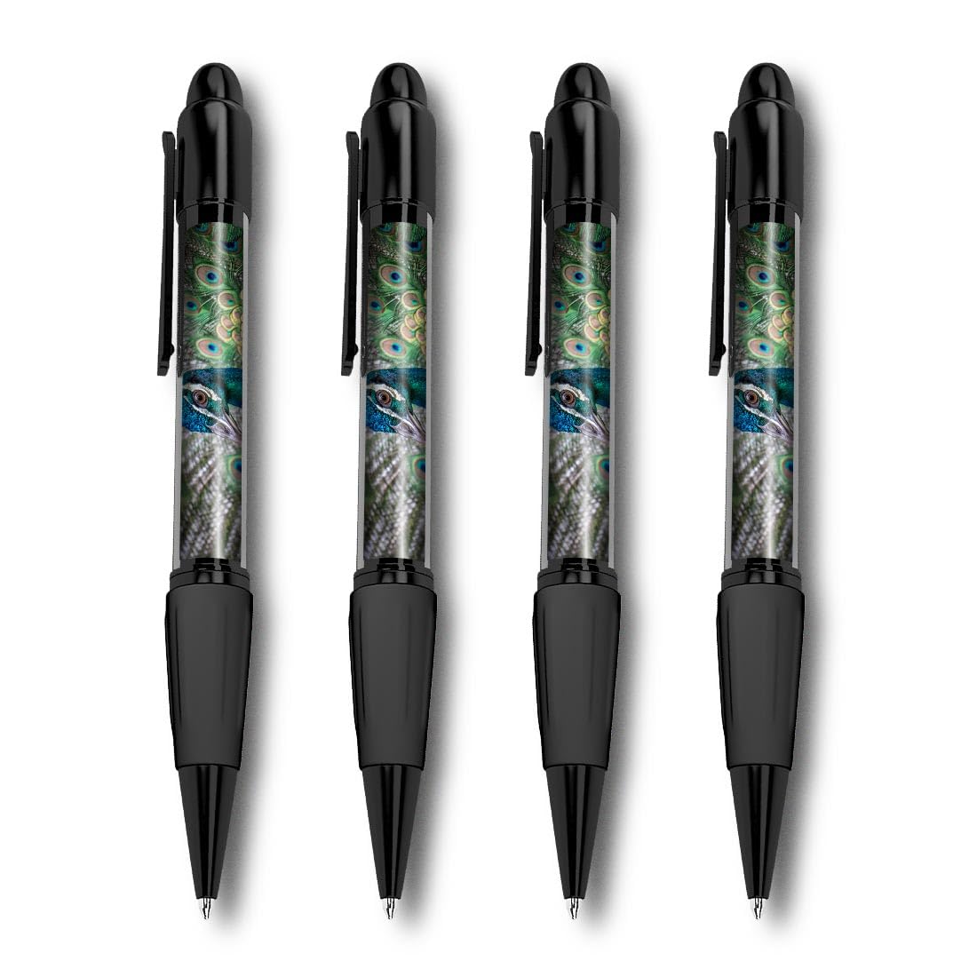 Set of 4 Black Ballpoint Pens (Photo Insert) - Majestic Blue Peacock Bird - Soft Feel Finger Grip #63191, 1 count (Pack of 4)
