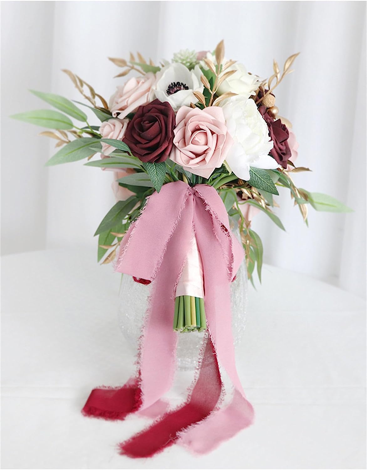 Bukiet kwiatów 9" Dusty Rose Cascading Bridal dla Panny Młodej, sztuczne jedwabne róże, rustykalny wystrój boho ceremonii