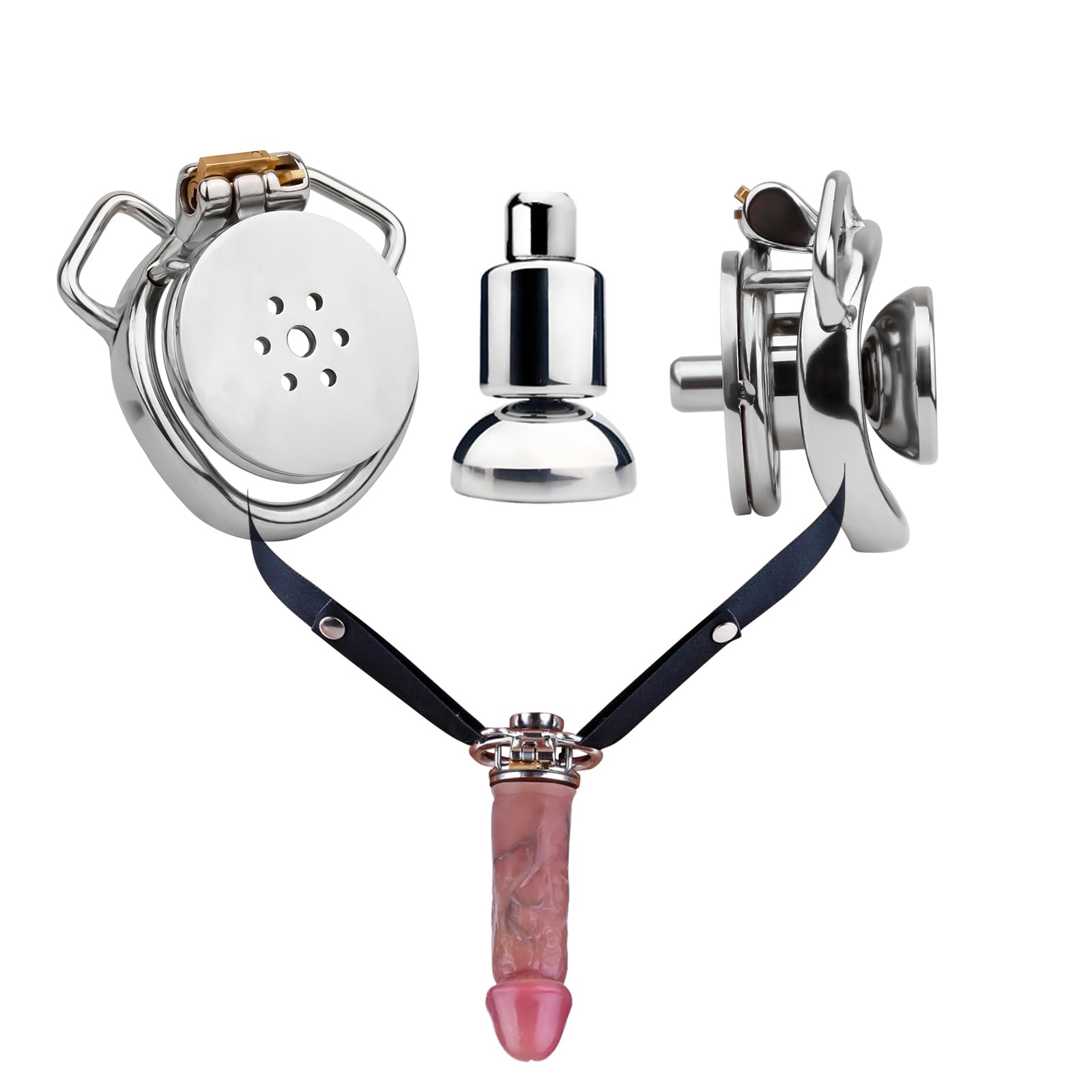 Men's Chastity Cage - Innovative 3 Ring with Fixed Chastity Belt Devices, Silicone Realistic Penis Dildos for DIY, Removable Negative Male Stainless Steel Cock Cage（with 4.13-inch Dildo）