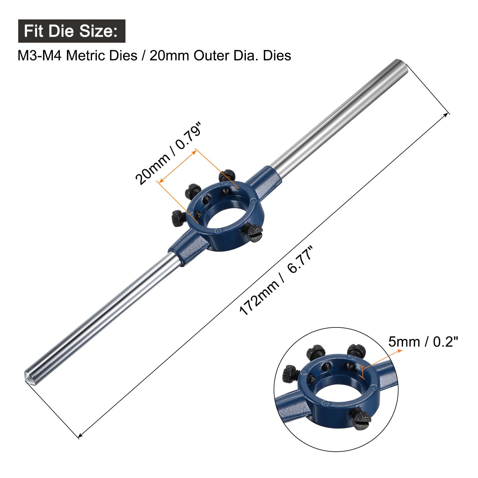 uxcell Round Die Stock Handle Wrench 20mm(0.79") Adjustable Threading Die Wrench Handle Holder for Bolt Thread Repair Bar Tools (Fit M3-M4 Metric Dies / 20mm Outer Dia. Dies) — Amazon image 2