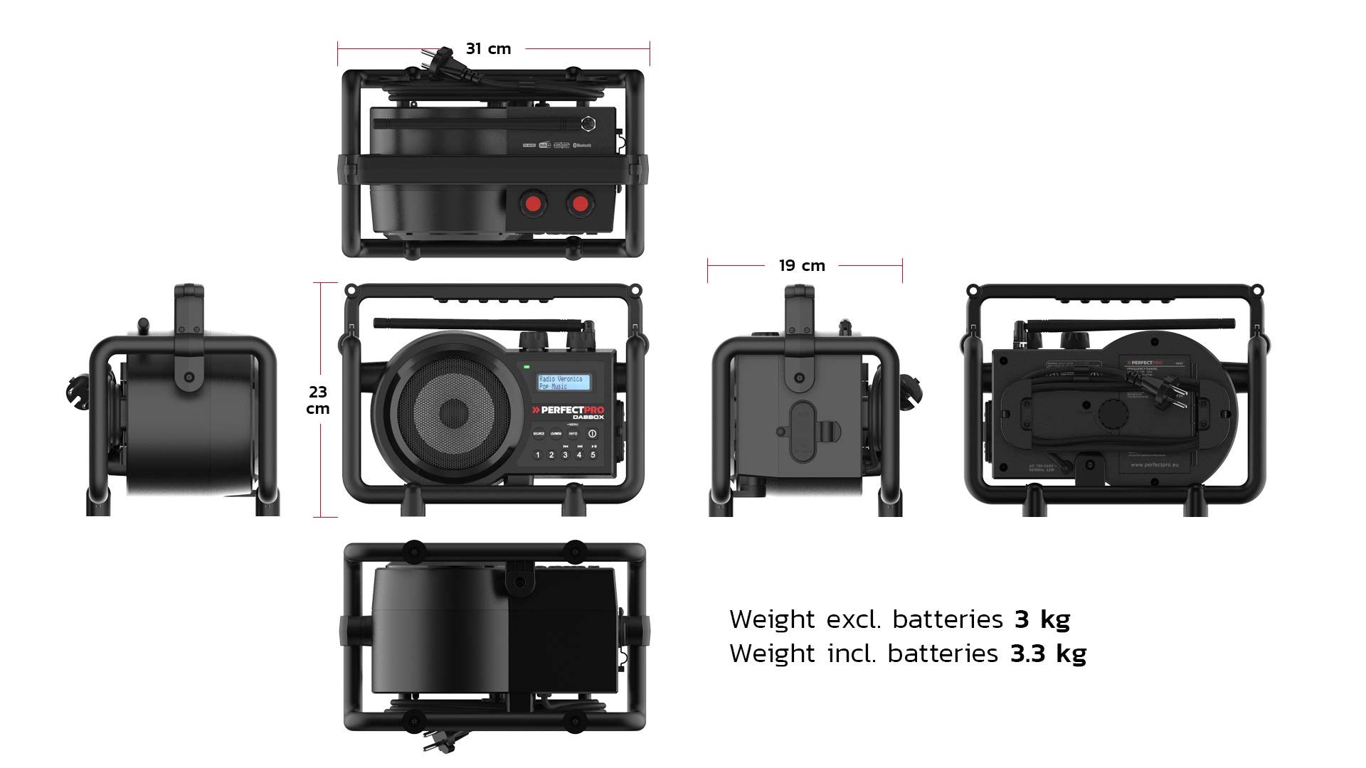 PerfectPro Radio DABBOX, Dab+ y recepción FM, Cargador de batería Integrado para batería Universal, Bluetooth, Recargable, Entrada Auxiliar, Resistente a los Golpes, IP54, DBX3