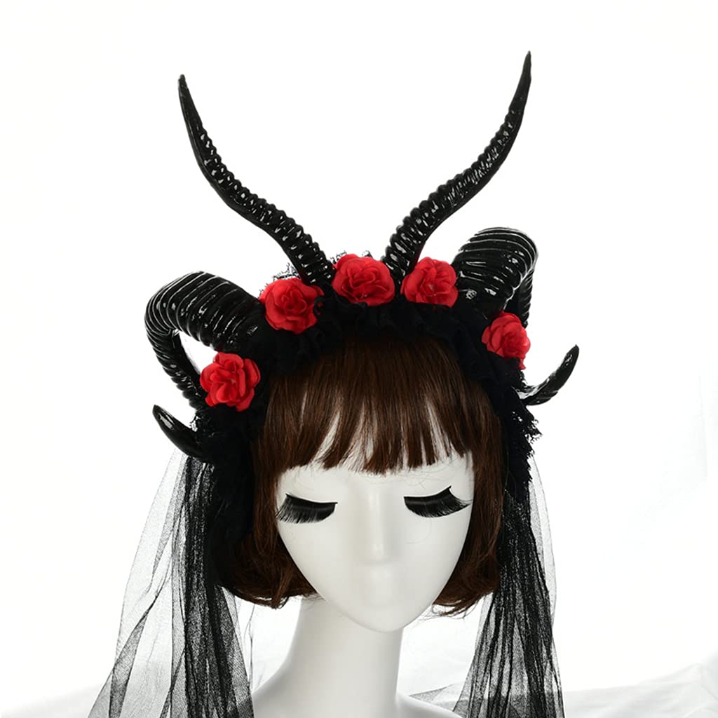 Cerchietto per capelli, da donna, in corno di pecora, in pizzo, con velo, fascia per capelli per feste di Halloween, Natale, accessori creativi per capelli