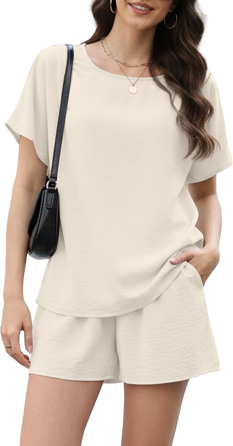 YSYOKOW Two Piece Sets for Women Summer Casual Matching Lounge Set Short Sleeve Top and Loose Shorts with Pockets