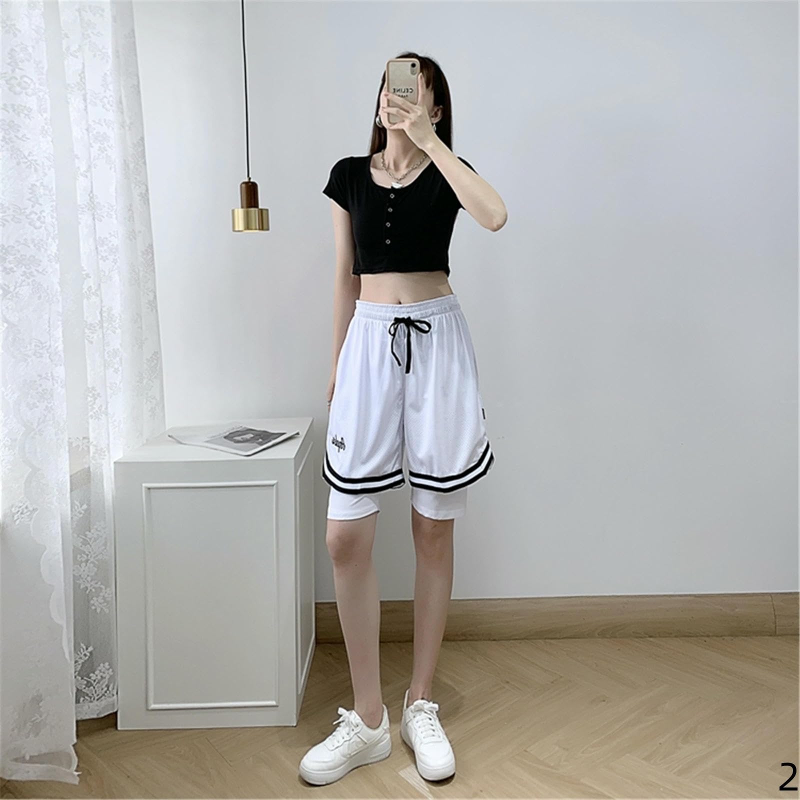 Short Femme Shorts De Basket-Ball pour Femmes Fake Two-thyse Student Sports Training avec Une Doublure du Féminin Sportif À Cinq Points-Vert-m