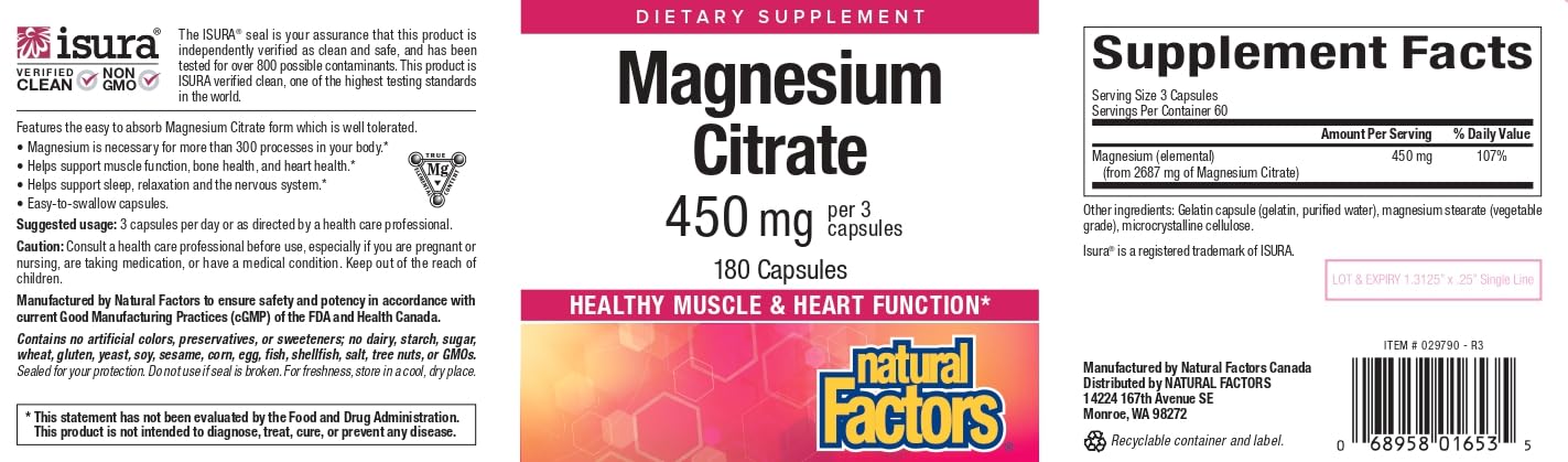 Natural Factors Magnesium Citrate 150 mg 180 Capsules